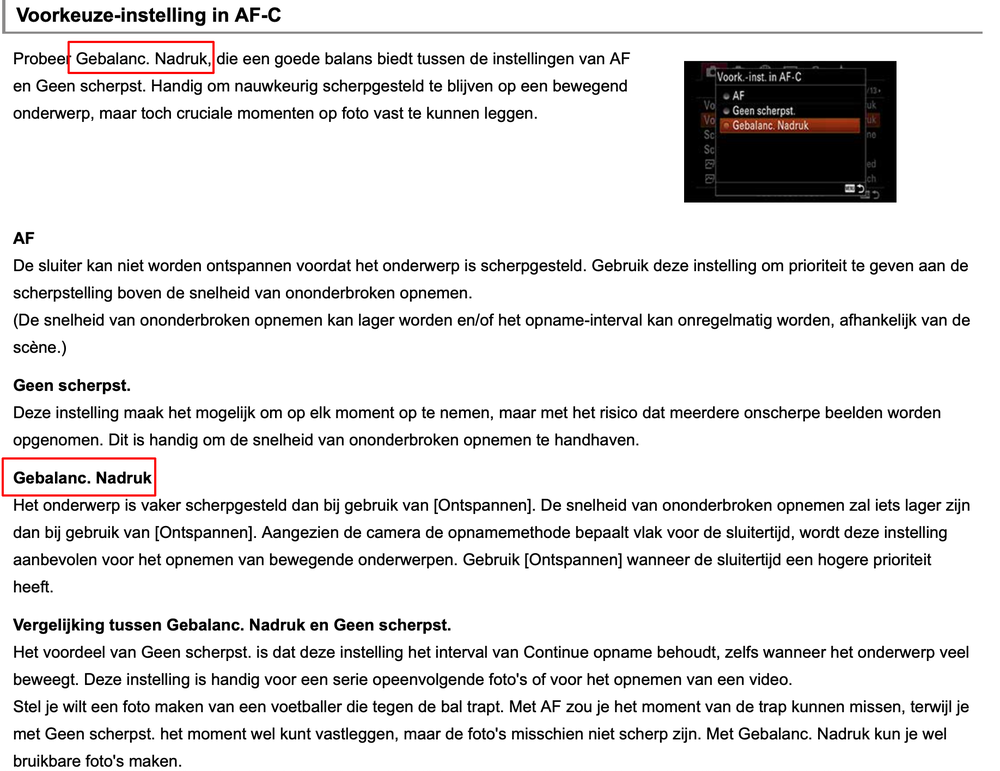 Voorkeuze Instelling in AF