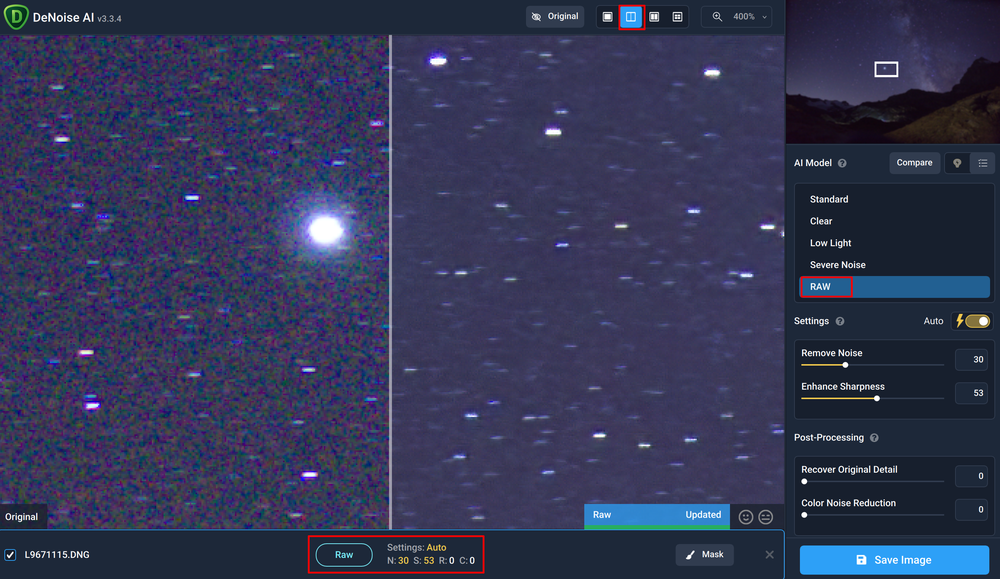 Bij raw-bestanden is het resultaat helemáál verbluffend bij sterrenfotografie! In de split-view modus kun je het resultaat op 400% ingezoomd goed zien
