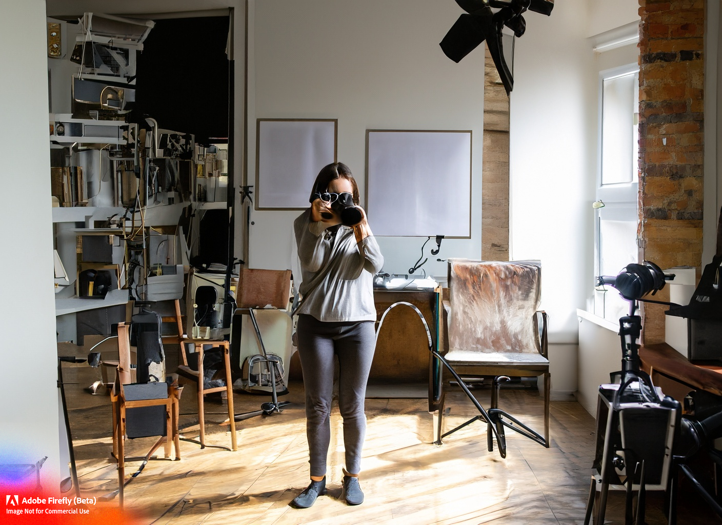 Firefly_a+young beautifull woman with a camera in a photo studio, with low key sunny light photo studio, furniture, antique, ceiling supports, poster on wall photography, lens, mounds of equipment, wires hanging fr