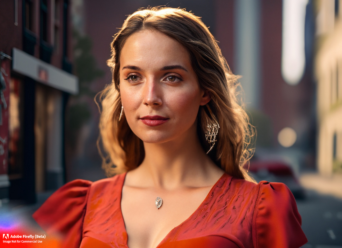 Firefly_a+highly detailed cinematic headshot portrait photograph of a beautiful woman standing in the street, red open summer dress, ultra realistic, depth, beautiful lighting_golden_hour_29295