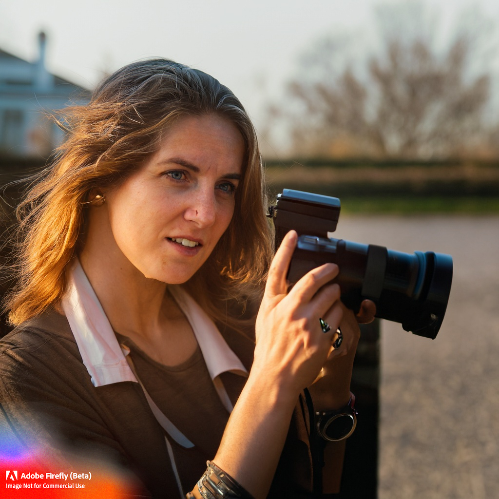 Firefly_woman+with camera_warm_colors,golden_hour_52326