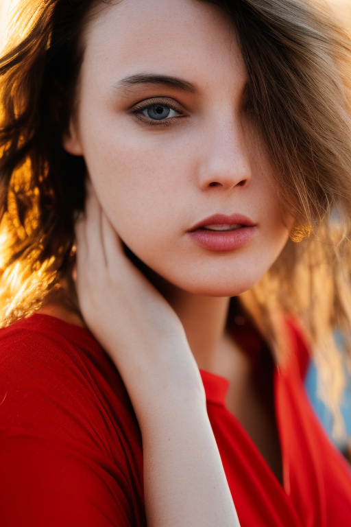 a highly detailed cinematic headshot portrait photograph of a beautiful woman standing in the street, golden hour, red open summer dress, ultra realistic, depth, beautiful lighting