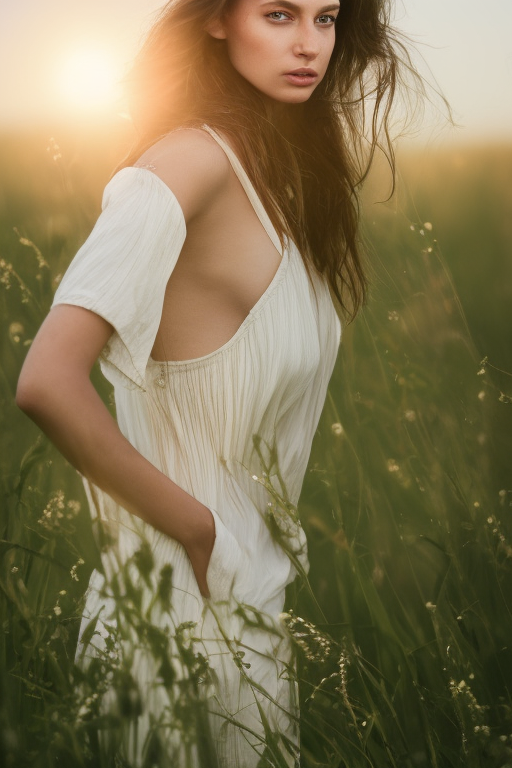 a highly detailed cinematic headshot portrait photograph of a beautiful woman standing in a farm field, golden hour, white flowing summer dress, ultra realistic, depth, beautiful lighting, by annie leibovitz, photorealistic,