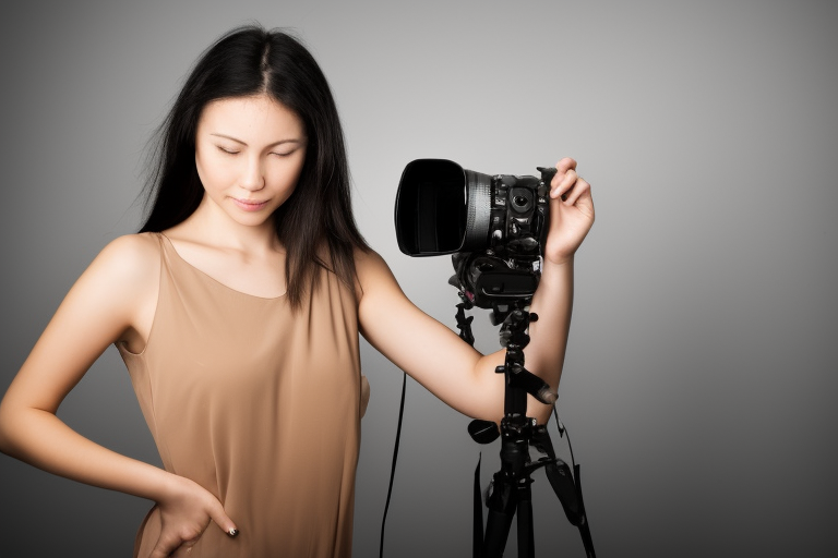 a young beautifull woman with a camera in a photo studio, with low key sunny light2