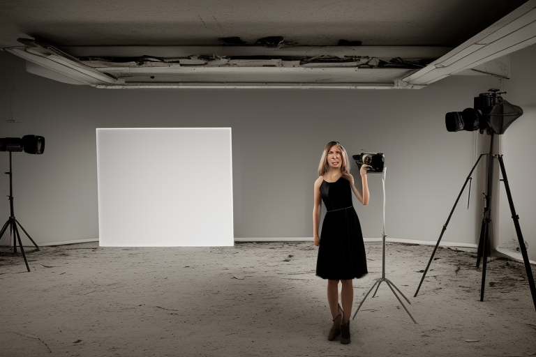 a young woman in a photo studio with light, windows, infinite photo wall, shelves, floor with camera, photo studio equipment, photography, lens, mounds of equipment, single light source, low light, lights on, wires