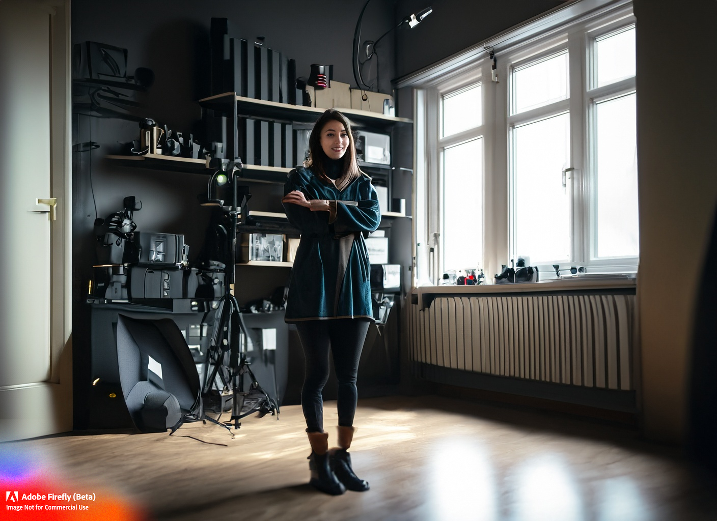 Firefly_a+young woman in a photo studio with light, windows, infinite photo wall, shelves, floor with camera, photo studio equipment, photography, lens, mounds of equipment, single light source, low light, lights o