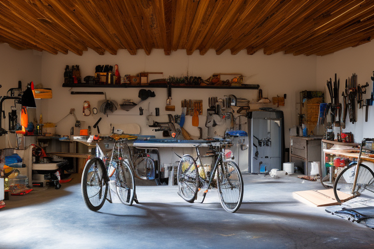 super realistic photo of a workshop with paint, tools, workbench, bikes in a barn with backlight in the morning sunraise