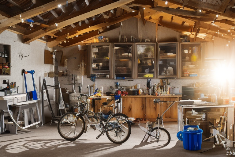 super realistic photo of a workshop with paint, tools, workbench, bikes, pantry with food and drink in a barn with backlight in the morning sunraisetwee