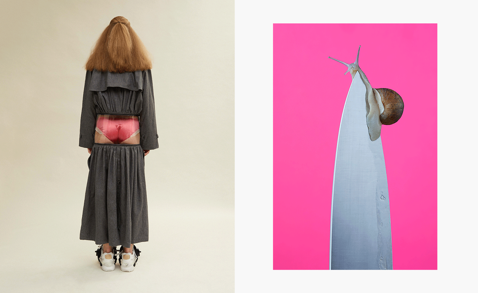 Josefina wearing Bless, styling Georgia Pendlebury for Exhibition Magazine, 2018 and right, L’escar go Gourmand magazine, 2012 (no animals were harmed in this shoot) (Image credit: © Blommers & Schumm)